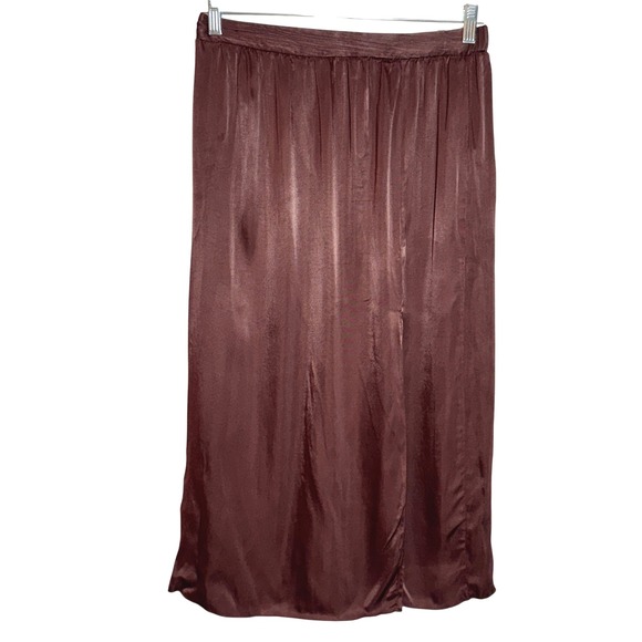 Zara Brown Satin Slip Midi Slit Skirt Size Large Fairycore Y2K Minimalist Fall - Picture 1 of 12